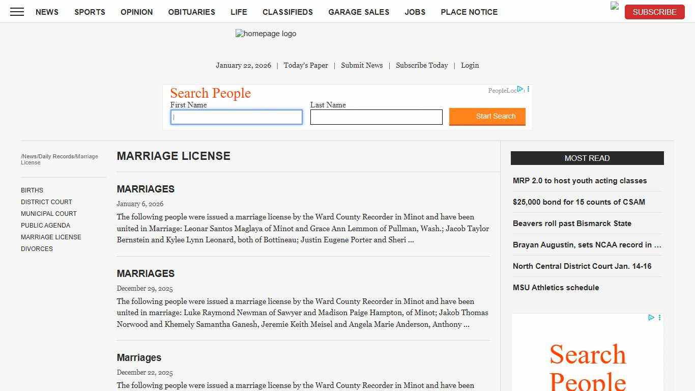 Marriage License News, Sports, Jobs - Minot Daily News